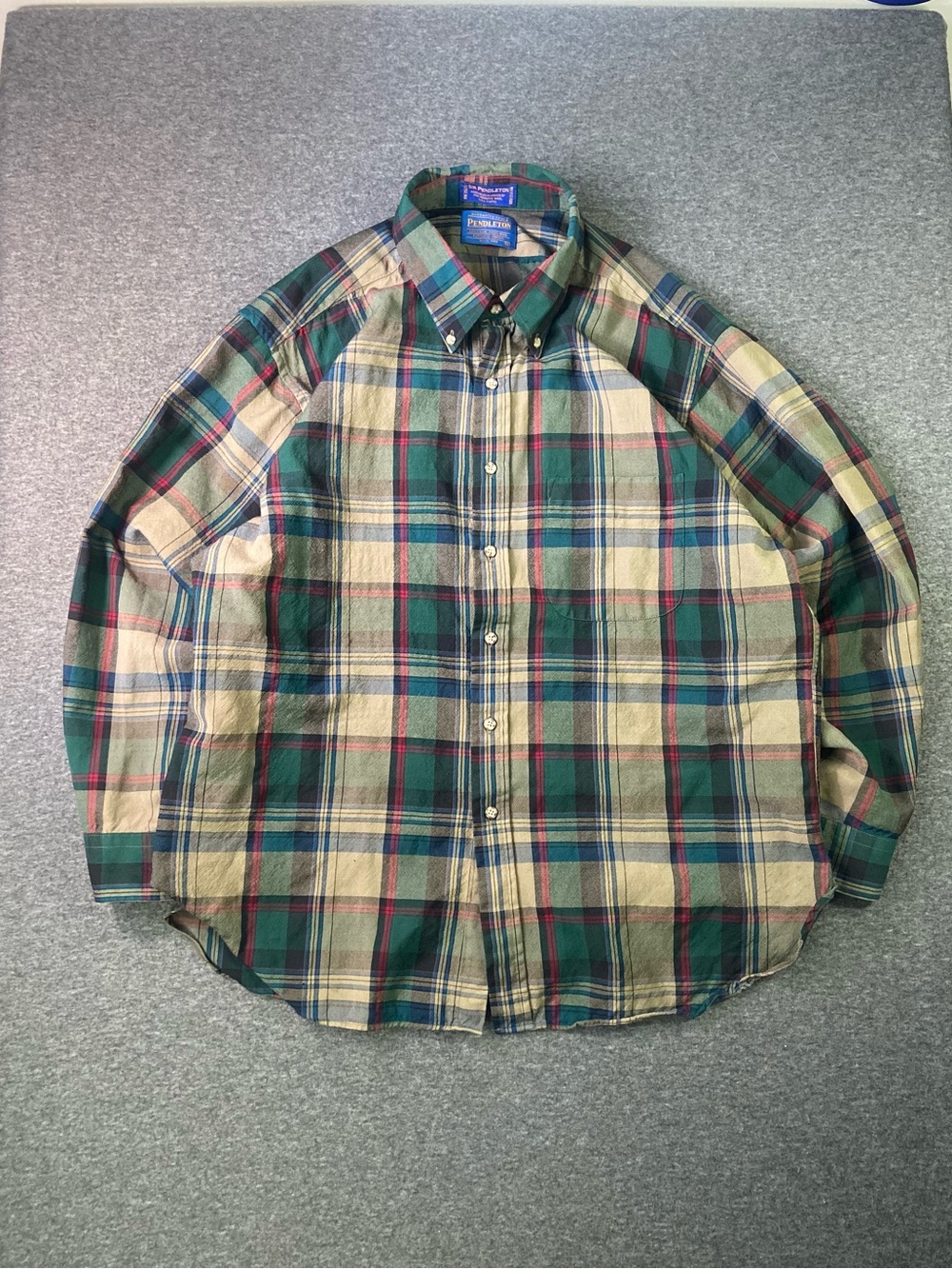 Vintage Sir Pendleton Worsted Wool Plaid Button Down Shirt Men's XL Green Tan